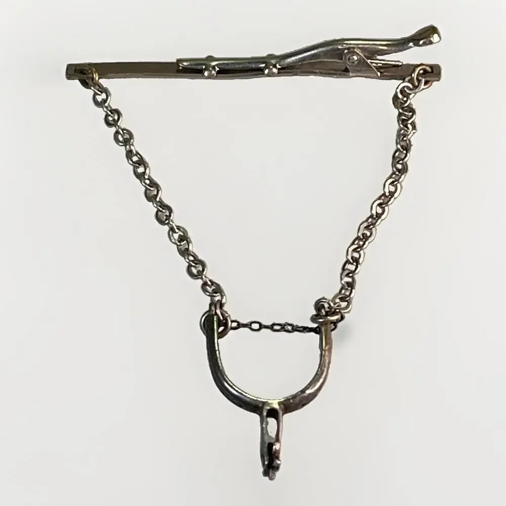 Vintage Sterling Silver Boot Spur Tie Clip Chain Silver Tone Western Cowboy 3”